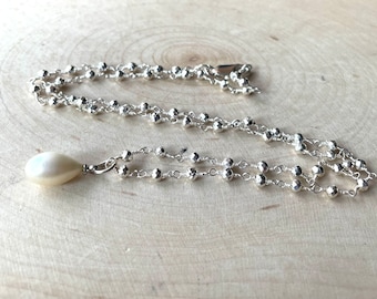 White Pearl Teardop Necklace, Freshwater Pearl Pendant, Sterling Silver Pyrite Chain