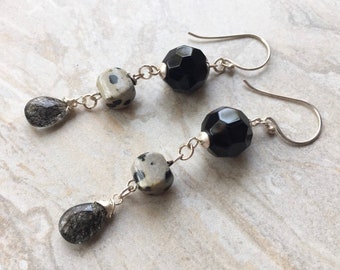 Black Onyx Dalmatian Jasper Earrings Sterling Silver Rutilated Quartz Boho Dangle Earrings