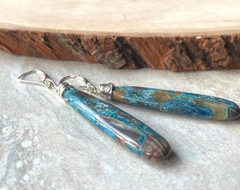 Long Chrysocolla Gemstone Earrings, Teardrop Earrings, Sterling Silver Wire Wrapped Points