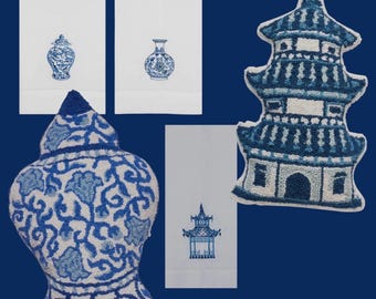 Chinoiserie Vases Ginger Jar Pagoga Guest Towel hook pillows champagne bottle