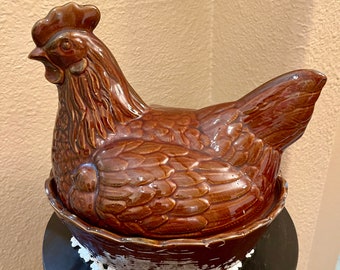 Rare Vintage Majolica Chicken with Two Chicks Tureen