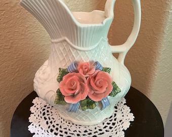 Capodimonte Flower  Pitcher Vase Vintage Raised  Pink Roses