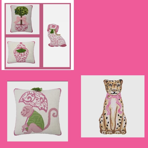 Pink Chinoiserie Hook Pillow: Staffordshire Dog, Ginger Jar, Topiary Cheetah Monkey