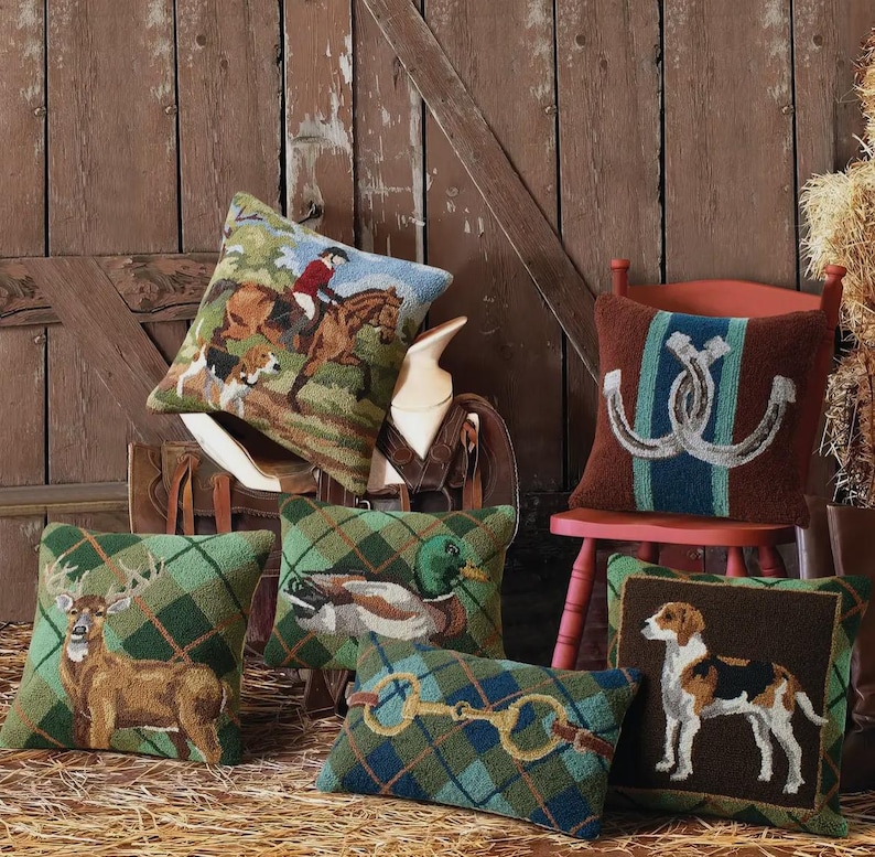 Pheasant Hound dog Hunt scene Mallard Duck Rabbit preppy Hook pillows image 1