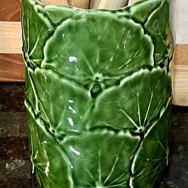 Vintage Olfaire Geranium Leaf Green Majolica Made in Portugal leaf Utensil Holder Vase Portugal