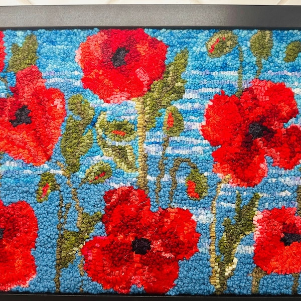 Poppies By the Lake. Hand Hooked Wall Hanging 16” x 20”