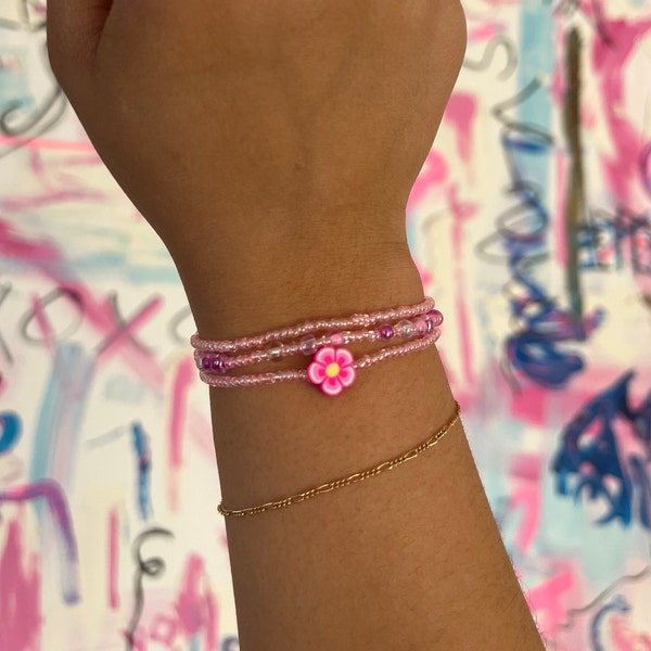 Pink Flower Bracelet Set of 3 | Pink Seed Bead | Coastal Ocean Cowboy Cowgirl Inspired Handmade /gifts/women/girls/jewelry/preppy/friendship
