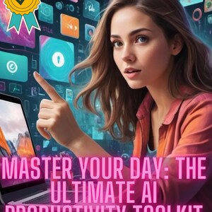 May include: A woman in a red shirt is pointing at a laptop screen. The screen displays a colorful grid of icons and the text "MASTER YOUR DAY - THE ULTIMATE AI PRODUCTIVITY TOOLKIT".