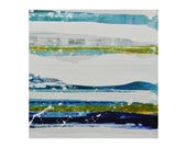 Abstrakte Malerei "Aqua 08" von Lisa Carney, moderne Kunst, minimalistische Malerei, Streifen, geometrische, zeitgenössische, weiß, blau, gelb