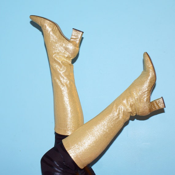 Vintage 60s Gold Lamé Psych Era Go Go Knee Boots!