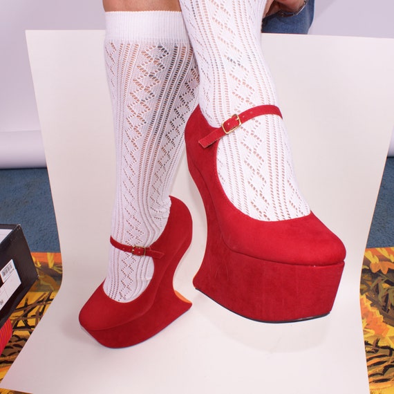NIB Ruby Red Velvet Bumper Cut Out Platform Wedge Mary Jane Babydoll Buckle Shoes US 8.5 Etsy