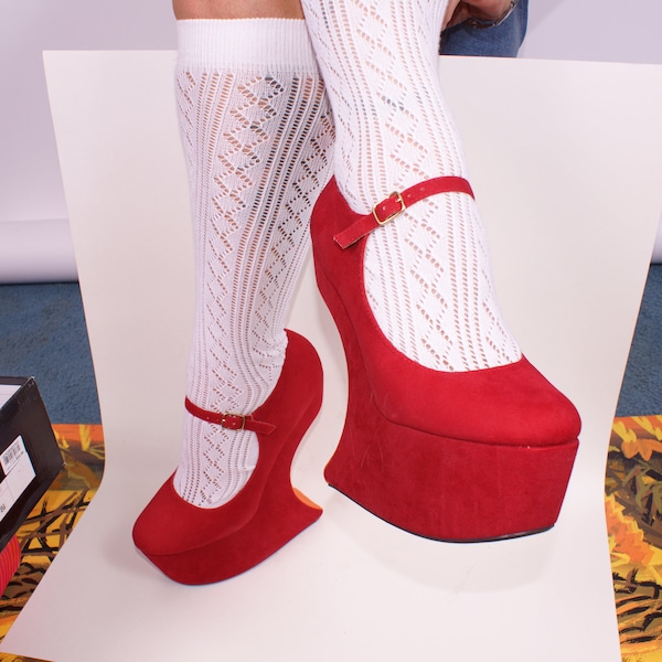 NIB Ruby Red Velvet Bumper Cut Out Platform Wedge Mary Jane Babydoll Buckle Shoes US 8.5