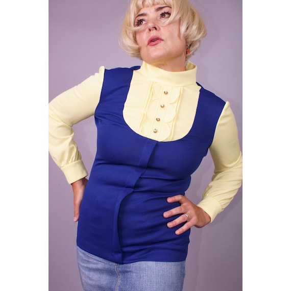 Vintage 60s 70s Yellow Royal Blue Polyester Tunic… - image 1