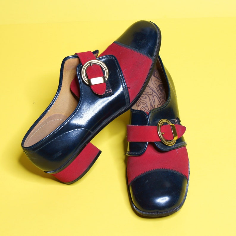 Vintage 70s Red Navy Buckle Oxford Loafer Spectator Shoes Rare!
