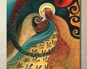 Feather Goddess Art Print: Mystical Art Nouveau Angel Painting (16x20)