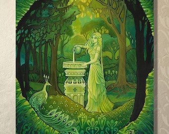 Mirror Gazing ACEO Print: Mystical Goddess, Forest Altar Art