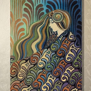 May include: A painting of a woman with long flowing hair, wearing a patterned robe. The background is a swirling pattern of green, blue, and brown.