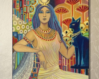 Bast Cat Goddess Art Print: Egyptian Mythology Canvas Wall Art (12x18)