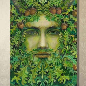 Oak King ACEO Mini Art Print – Celtic Nature Spirit Altar Art, Pagan Mythology Decor, Green Man Forest Artwork, Mystical Litha Painting