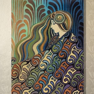 May include: A colorful abstract painting of a woman with long flowing hair, wearing a patterned robe. The background is a swirling pattern of green, blue, and brown.