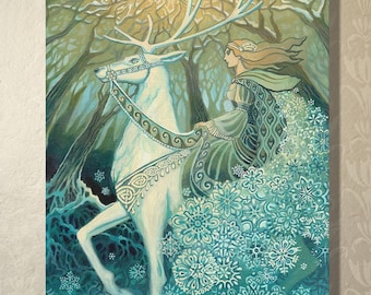 Snow Queen Art Card: Winter Goddess, White Stag, Norse Mythology (5x7)