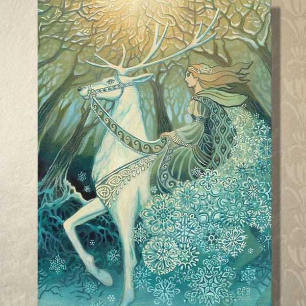 Snow Queen Art Card: Winter Goddess, White Stag, Norse Mythology (5x7)