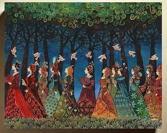 Art Nouveau Print on Canvas: Twelve Women with Birds, Enchanted Forest Mythology (20x24)
