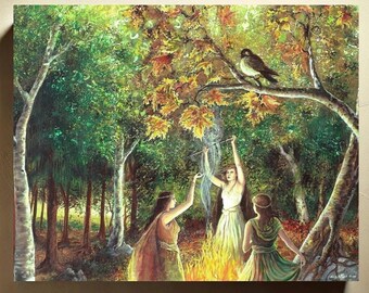 The Coven Art Print on Canvas: Mystical Goddesses, Witch Ritual (16x20)