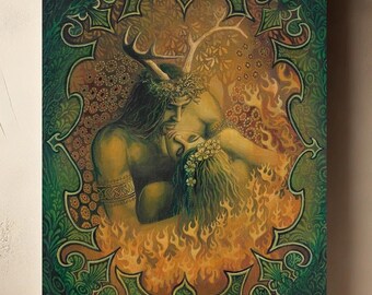 Beltane Reunion Canvas Art Print: Pagan Green Man & May Queen, Mythology Decor (20x24)