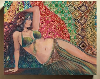 Belly Dance Art Print: Raqs Sharqi Canvas Wall Art, Bohemian Goddess Decor (8x10)