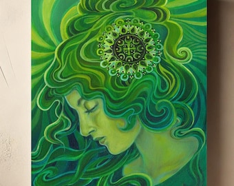 Gaia Green Goddess Canvas Print: Art Nouveau Bohemian Decor (20x24)