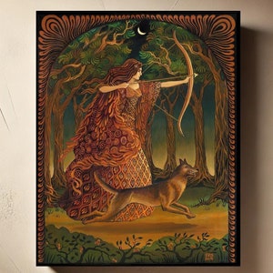 May include: A painting of a woman in a forest setting, she is wearing a long, flowing dress with intricate patterns and holding a bow and arrow. A dog is running beside her. The background is a dark forest with trees and a crescent moon in the sky.
