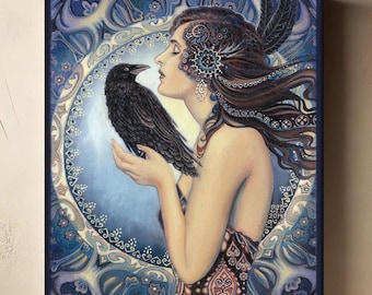 Raven Goddess Art Nouveau Canvas Print: Mystical Bohemian Decor (11x14)