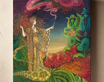 Queen of Wands Tarot Art Print: Mystical Goddess Canvas Wall Decor (11x14)