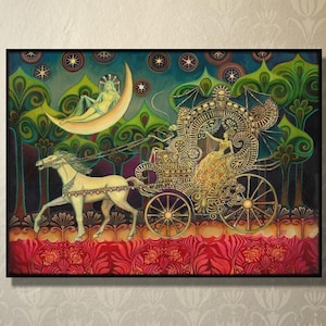 May include: A painting of a white horse pulling a golden carriage through a dark forest. The carriage is ornate and has a skull on the top. A woman in a gold dress sits in the carriage. The moon is in the background and there are stars in the sky.