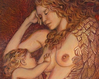 The Nestling Breastfeeding Mother Goddess Art 5x7 Blank Greeting Card