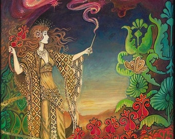 Queen of Wands Tarot Art 5x7 Greeting Card Pagan Mythology Bohemian Goddess Art