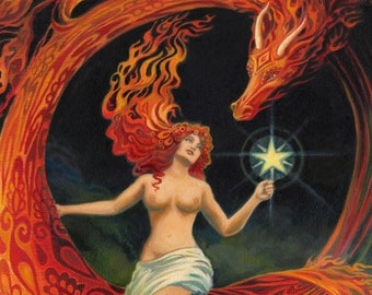 Dragon Goddess 5x7 Greeting Card Art Nouveau Pagan Mythology Psychedelic Gypsy Witch Goddess Art
