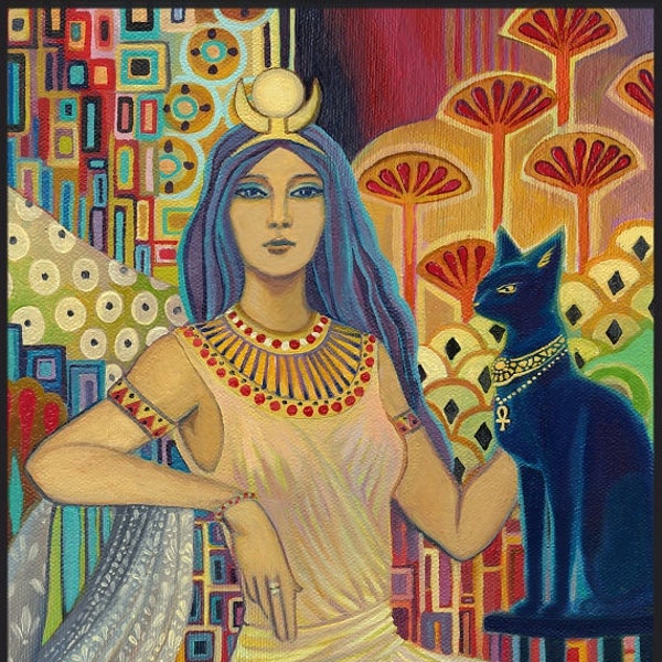 Bast Egyptian Cat Goddess Art ACEO Mini Print Altar Art Pagan Mythology Psychedelic Bohemian Goddess Art