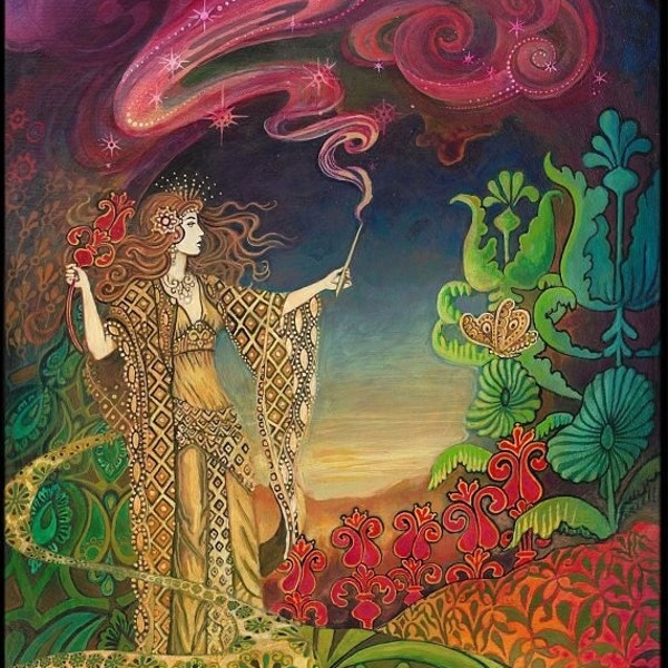 Queen of Wands Psychedelic Gypsy Goddess Tarot Art 11x14 Print Pagan Mythology Bohemian Goddess Art