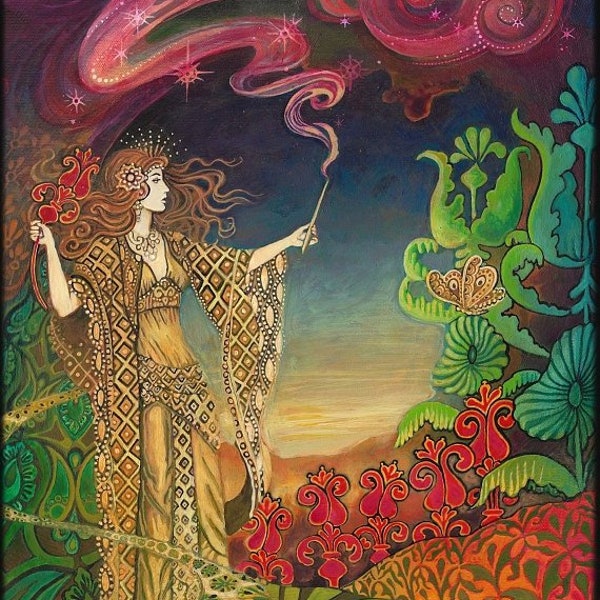 Queen of Wands Tarot Art 5x7 Greeting Card Pagan Mythology Bohemian Goddess Art