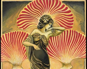 Soma Goddess Art Deco 12x18 Print Art Deco Visionary Mushroom Art