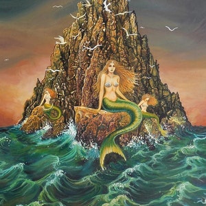 Mermaids Art Print: Mystical Ocean Goddess, Bohemian Siren Artwork (20x24)