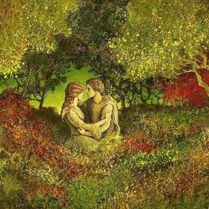 May include: A framed painting depicts a couple embracing in a lush, colorful garden. The artwork features a warm color palette with greens, reds, and yellows, creating a romantic and serene atmosphere. The couple is the focal point, surrounded by trees and flowers.