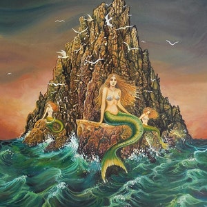 Mermaids Art Print: Mystical Ocean Goddess, Bohemian Siren Artwork (11x14)