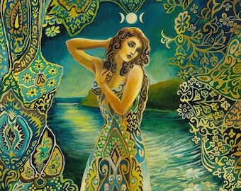 Selene Lunar Goddess Art Print: Mystical Celestial Mythology, Divine Feminine Decor (8x10)