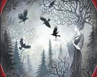 Celtic Raven Goddess Art Print: Pagan Mythology, Bohemian Decor (8x10)