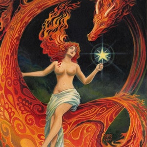Dragon Goddess Art Print: Mystical Art Nouveau Fantasy Decor