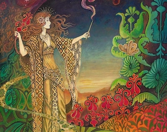 Queen of Wands Tarot Art Print: Mystical Goddess, Psychedelic Occult Decor (16x20)