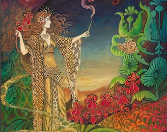 Queen of Wands Tarot Art Print: Mystical Goddess Bohemian Decor (8x10)